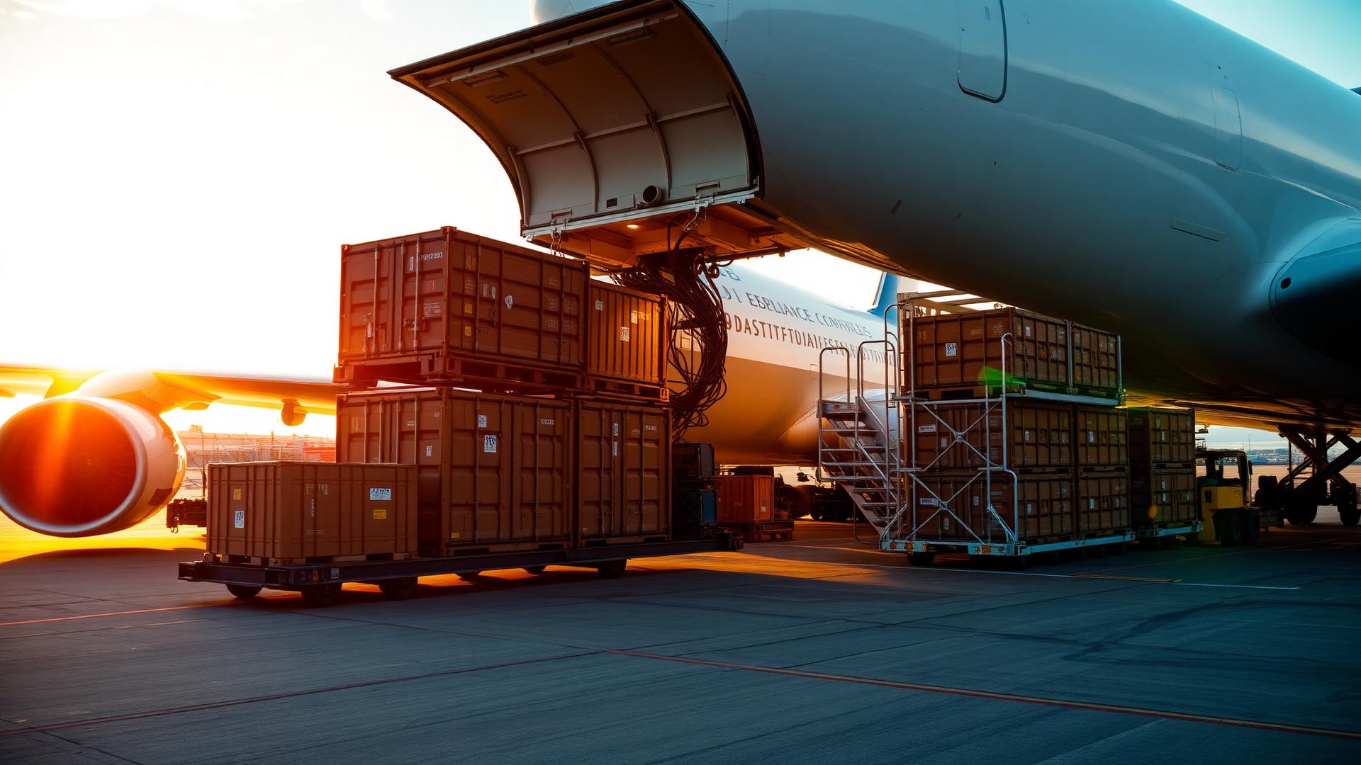 Cargo being loaded onto an export freighter at sunset